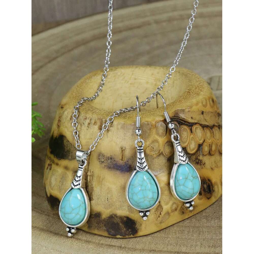 Bohemian Holiday Style Jewelry Set Women's Water Droplet Stone Inlaid Classic Simple Earrings Short Necklace