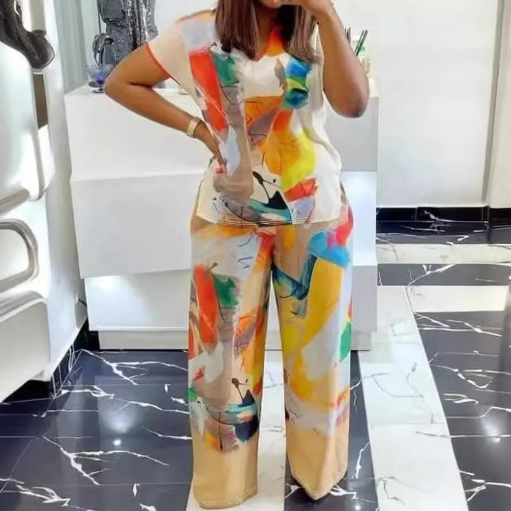 2 Piece Women Sets Arrival Plus Size Summer Matching Sets Print Two Pieces Sets Top Pants Suits Outfits Clothing 250514