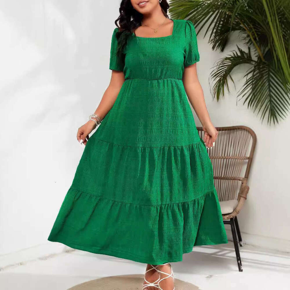 Plus Size Women Dresses Summer Dresses Maxi Dress Robe Vestidos Summer Dresses for Women Womens Bubble Sleeves Square Neck Back Pleated Short Sleeve P