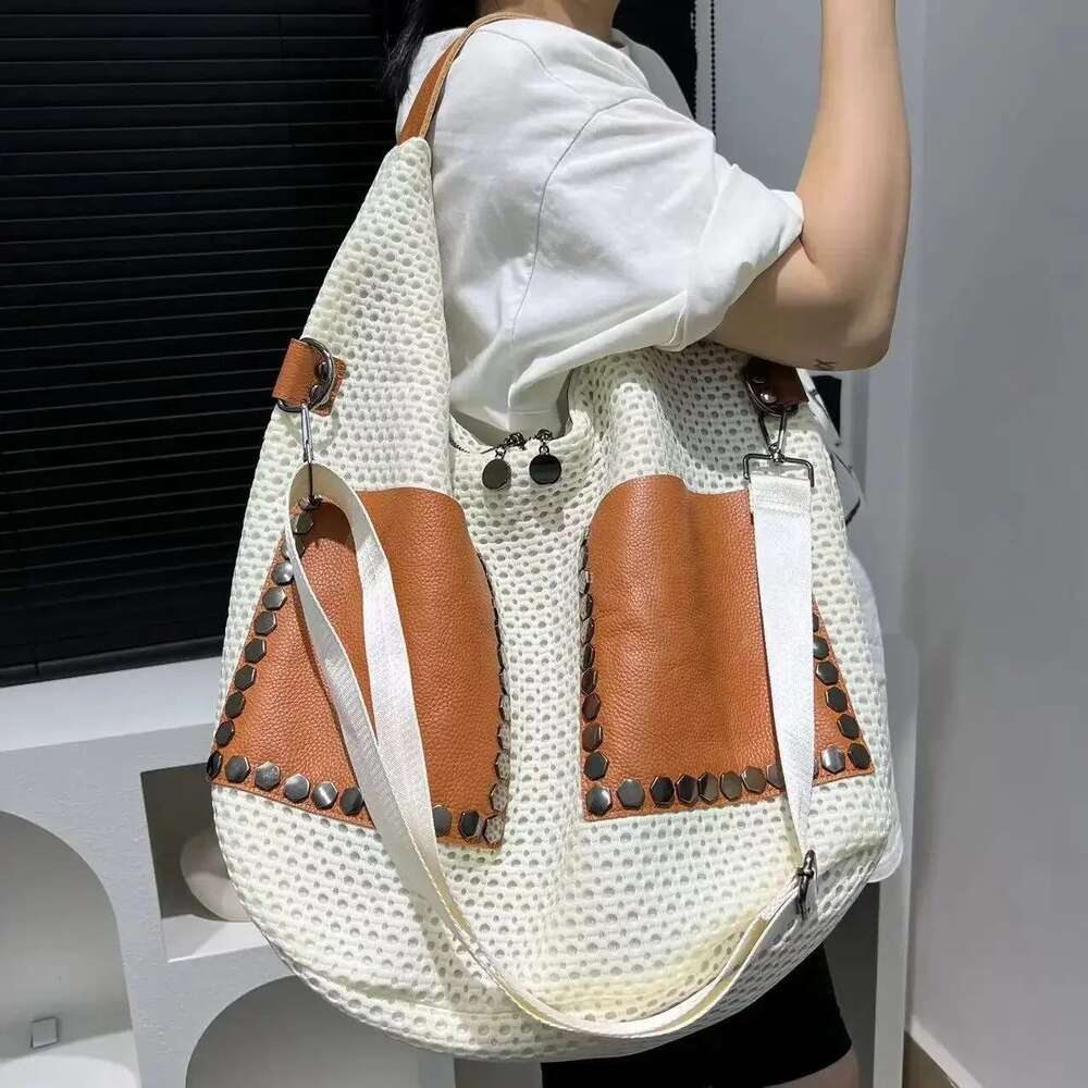 Women's Fashionable Mesh Spliced Cowhide Handbag, Luxurious Large Capacity Shoulder Crossbody Bag