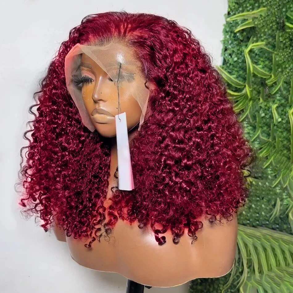 250 Density 99J Bury Lace Front Short Bob Human Hair 13x4 Deep Wave Frontal Wig 13x6 Red Colored Curly Wigs