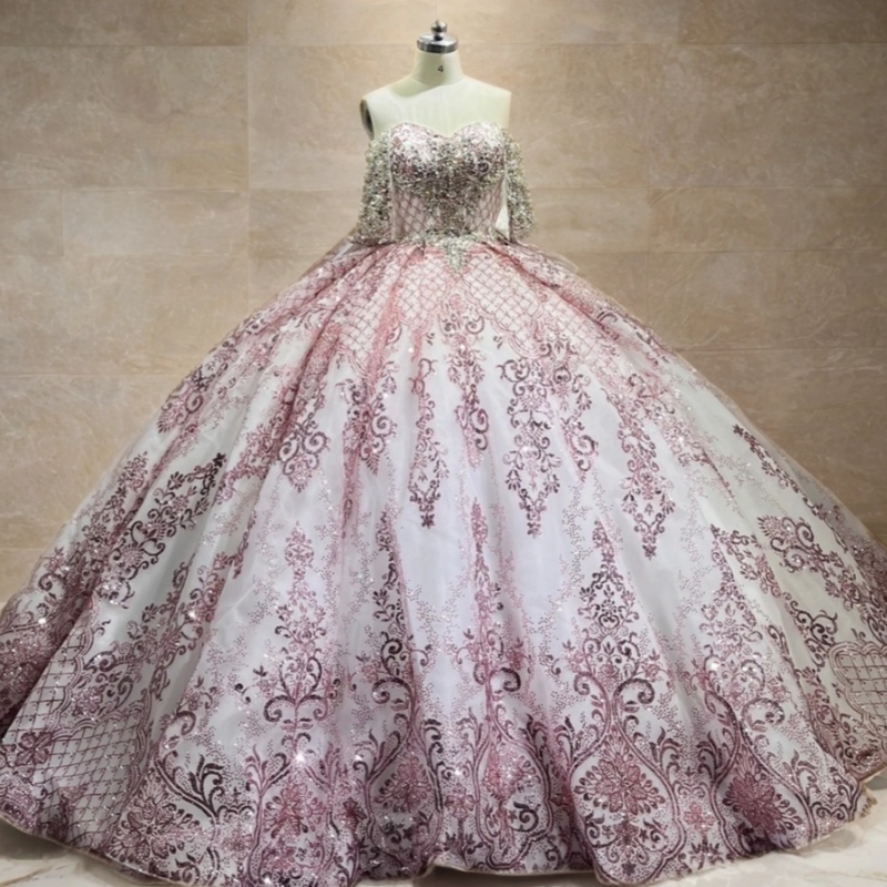 Pink Shiny Quinceanera Dresses Off Shoulder Ball Gown Sweet 16 Dress Beading Sequin Applique Lace Bow Tull Birthday Party Vestidos 15 Anos