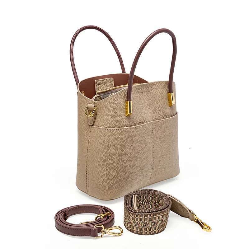 Genuine Leather Women's Bucket Bags Top Designer Women Handbag Cowhide Two Shoulder Strap Crossbody Bag