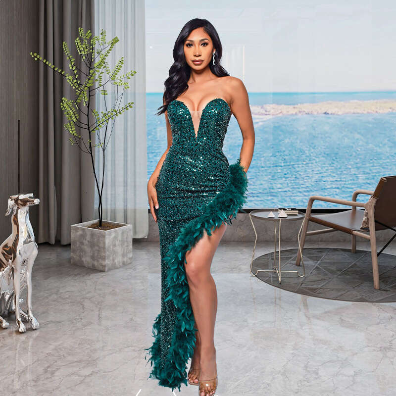 White Dress Maxi Dress Instagram Women's Strapless Backless Sequin Feather Dress For Women KQ