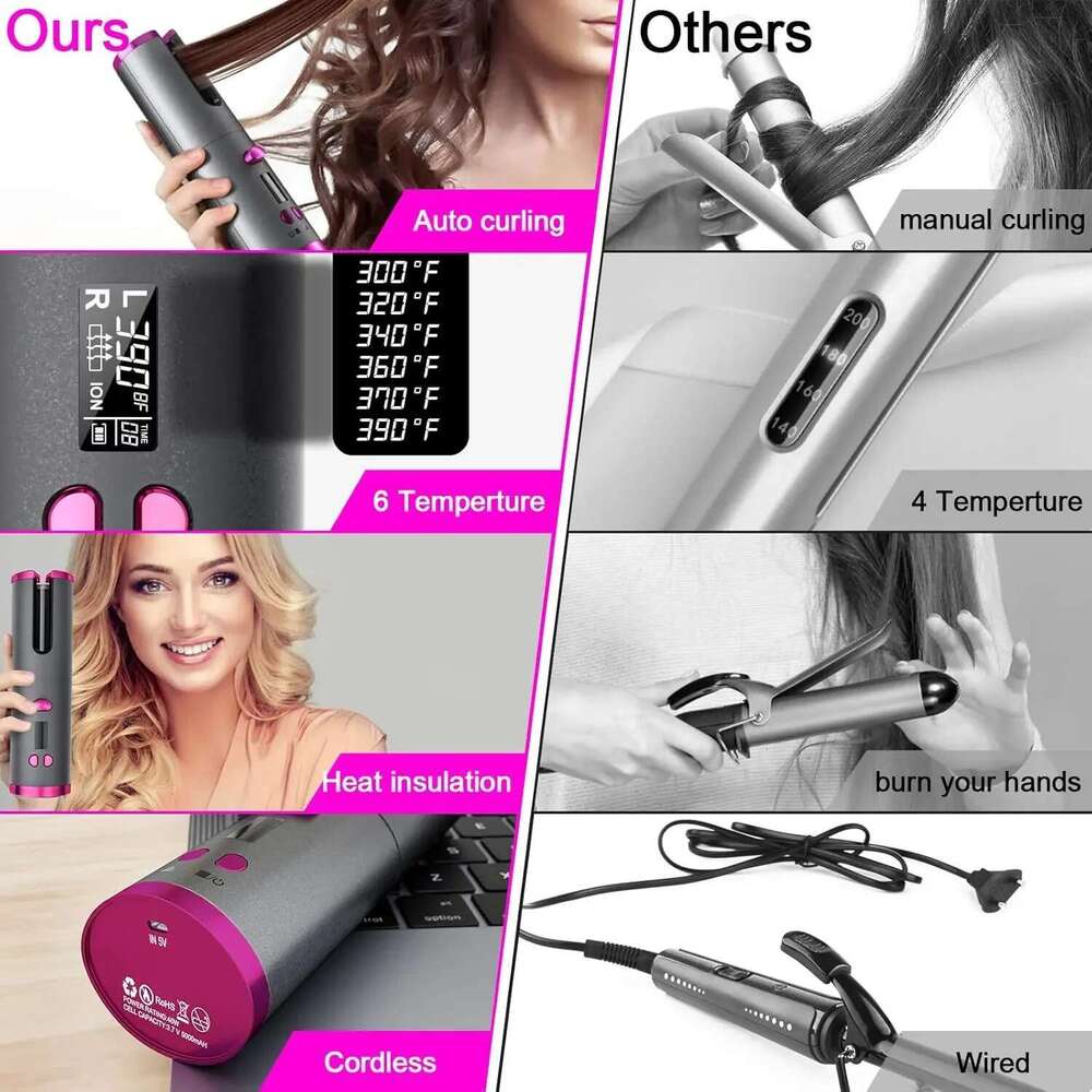 Automatic Wireless Cordless Rotating USB Rechargeable Curling Iron Display Temperature Adjustable Timing Hair Curler