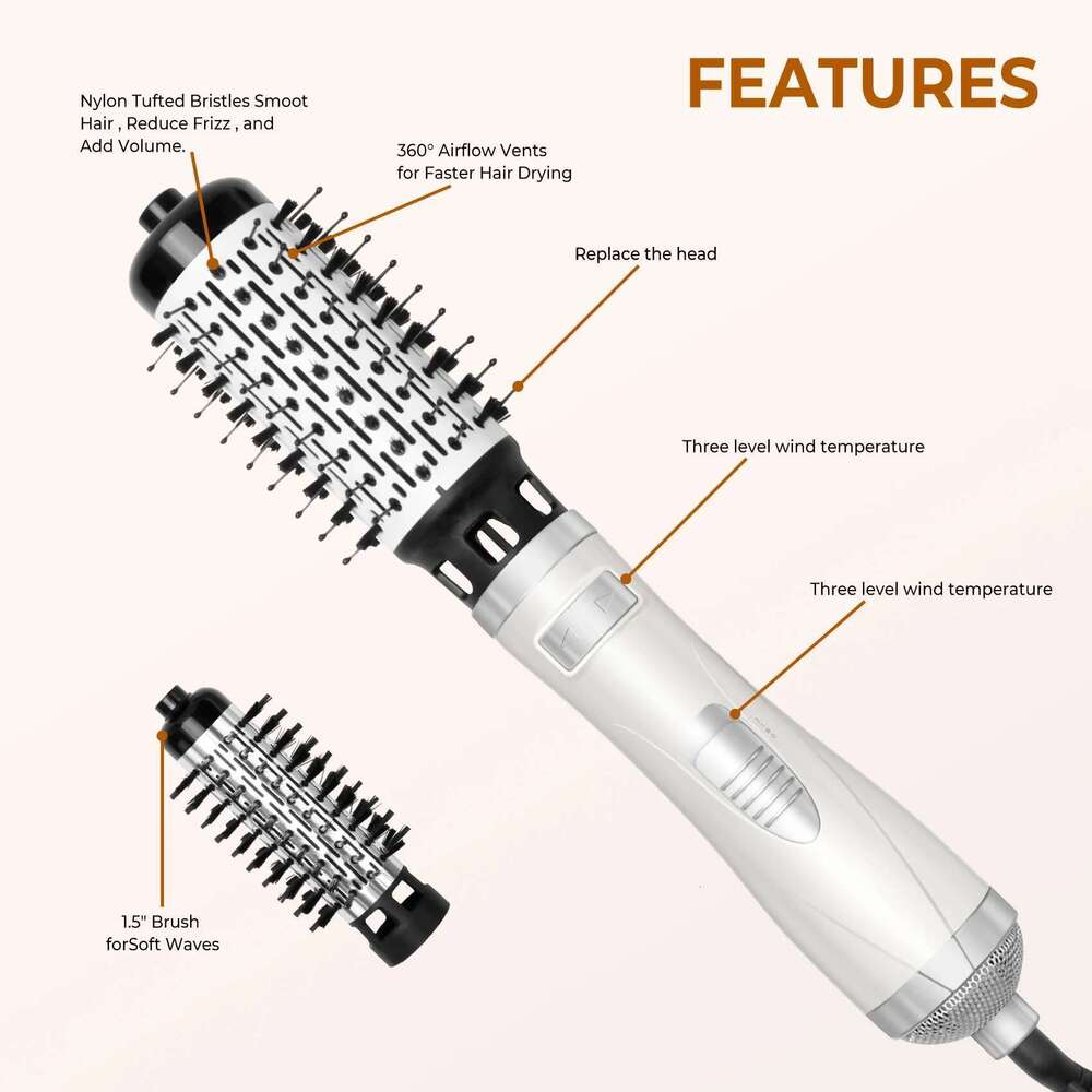 3 in 1 Air Styler Blow Dryer 2 Interchangeable Brushes Auto Rotating Curling Hot Hair Brush