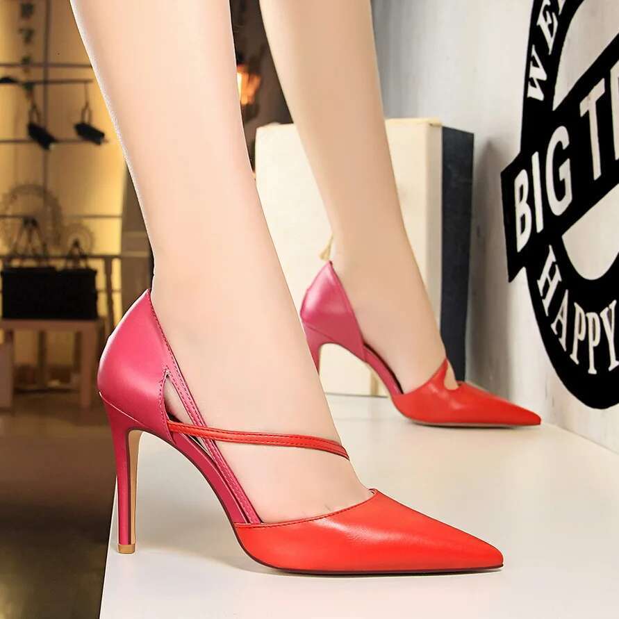 New Summer Women 9.5cm High Sandals Nightclub Stripper Heels Sexy Patchwork Sandles Party Ankle Strap Yellow Pink Shoes