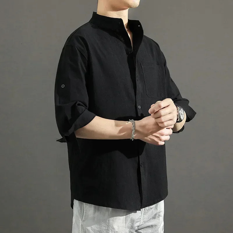Summer 2024 Japanese casual loose collar cotton linen shirt mens onethird sleeve 250506Z