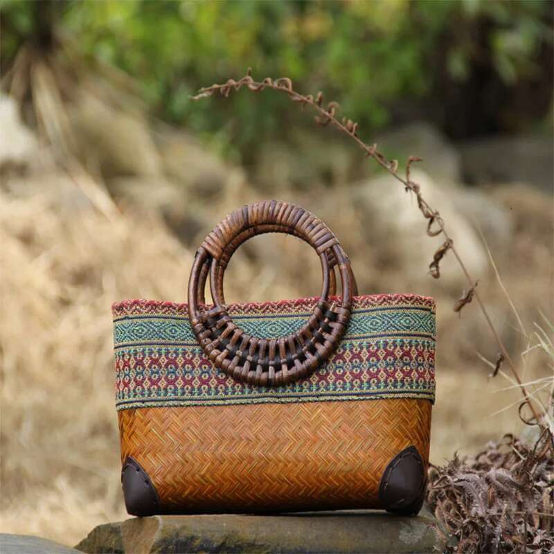 New Retro Japanese Handmade Grass And Bamboo Bag Designer Large Capacity Women's Storage Woven Rattan Handbag