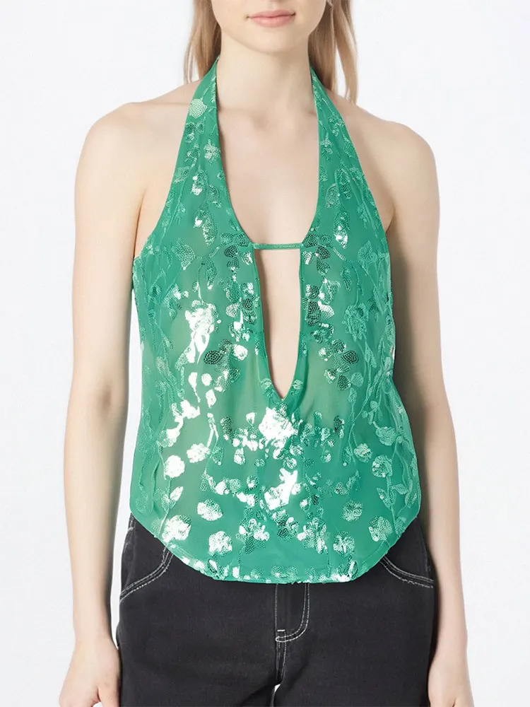 Womens Tank Summer Streetwear Fashion Vest Sequins Halter Sexy V-Neck Backless Female Casual Slim Versatile Tank Clothing 250515
