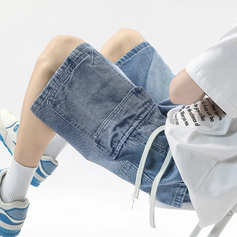 Summer Workwear Denim Shorts Street Mens Loose Straight Stretch Waist Casual Jogging Outdoor FiveCubic Pants 250515