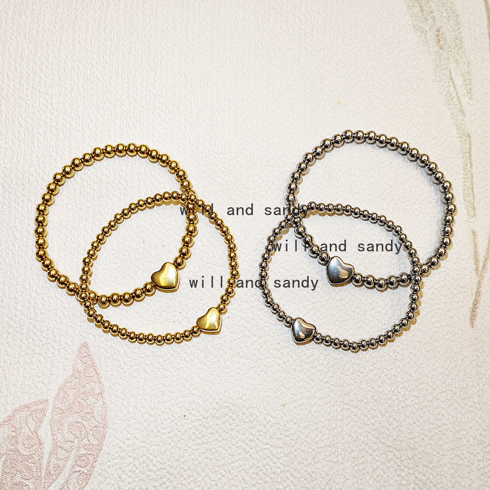 Non Tarnish Stainless Steel Beads Love Heart Charm Bracelet 18k Gold Plated Elastic Strand Bracelets Wristband Cuff for Woman Man Gift Fashion Designe