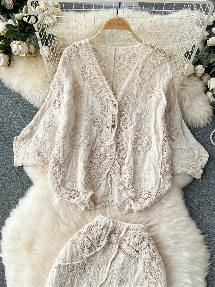 SINGREINY Bohemian Style Women Loose Suits Hook Flower Hollow Out Bat Sleeve ShirtTassels Drawstring Bodycon Skirt Spring Sets 250515