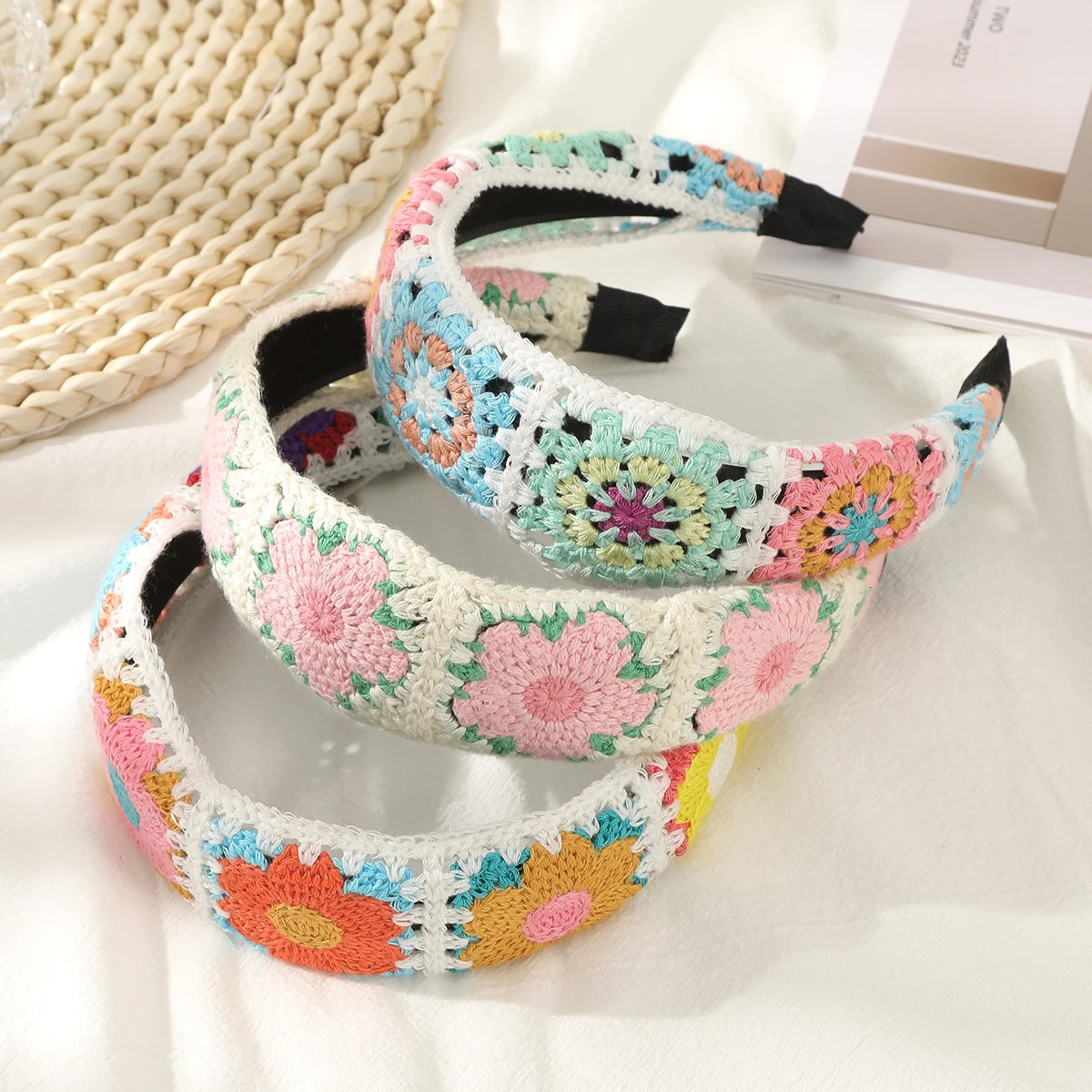 AWAYTR Patchwork Knitted Floral Hair Band Women Plastic Bezel Girls Hair Hoop Thin Edge Headband Hair Accessories Hairband 250509