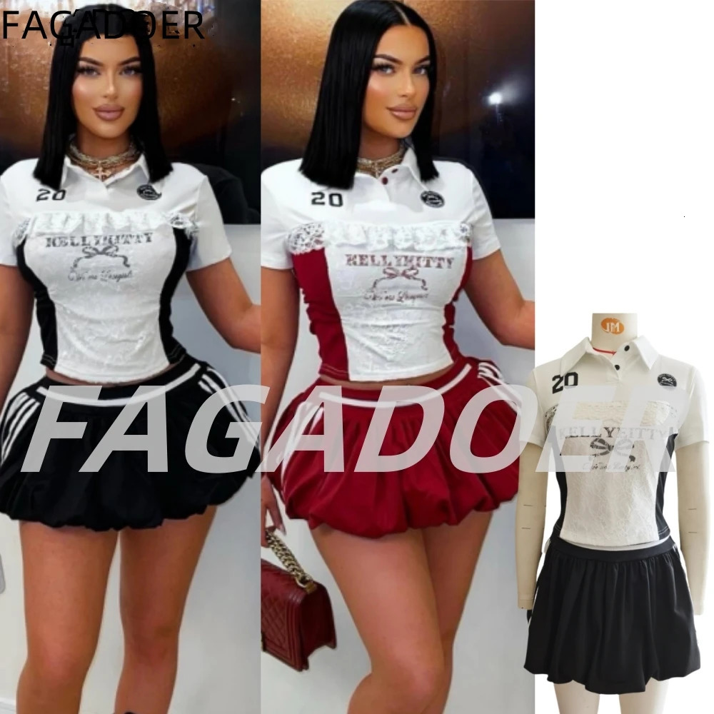FAGADOER Sexy Lace Patchwork 2 Piece Sets Woman Outfit America Spicy Girl Letter Printing Crop Top and Skirt Female Streetwear 250515