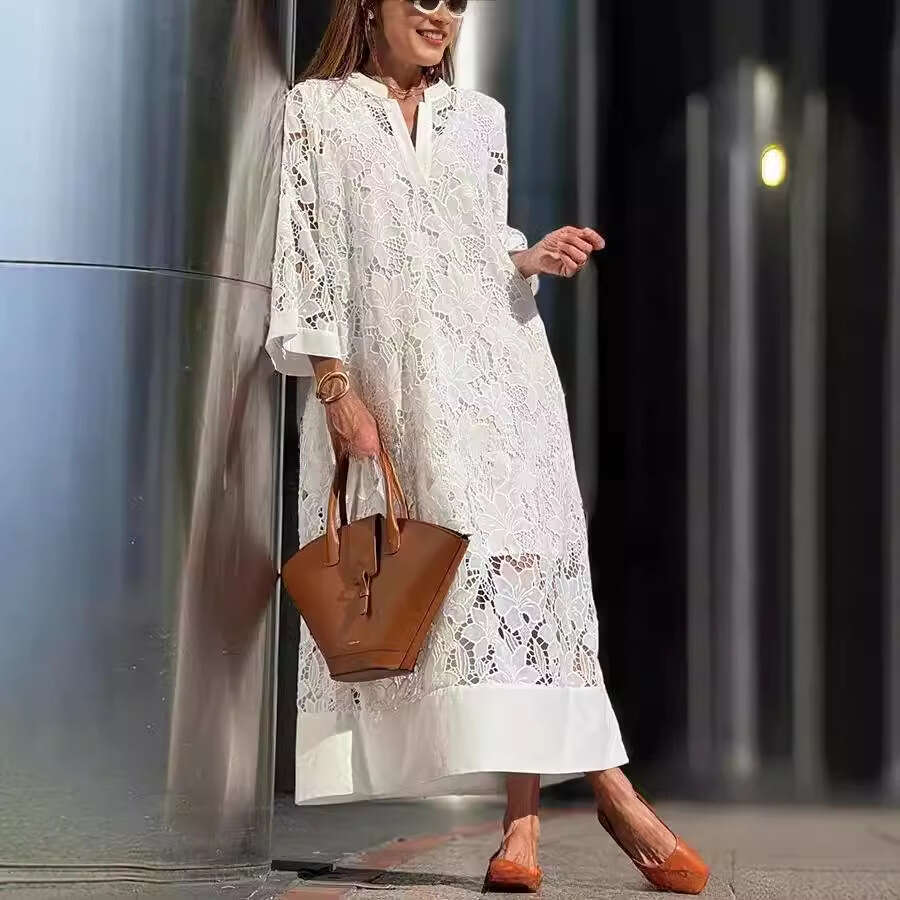 White Dress Maxi Dress 2024 New Women's Lace Milk Silk Loose Medium To Long Solid Color Dress KQ
