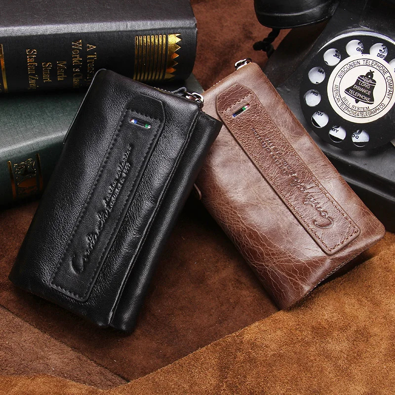 CONTACTS Genuine Leather Men Key Wallet Small Male Purse with Coin Pocket Key Holder Man Pouch Housekeeper High Quality Keyring 250515