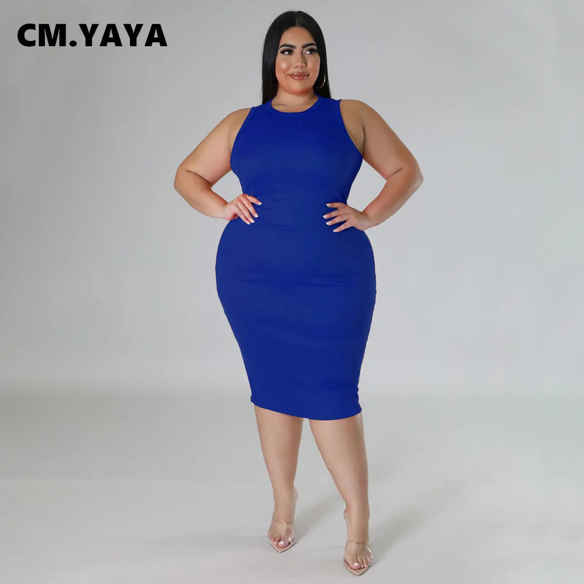 CM.YAYA Women Plus size Fashion Sleeveless Knit Ribbed Bodycon Midi Tank Dress High Street Vintage Party Evening Pencil Dresses 250515