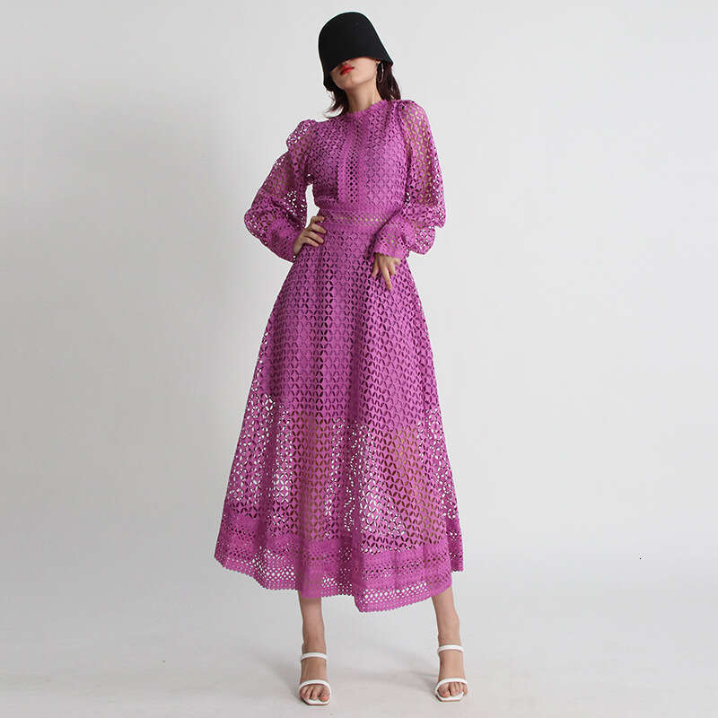 2025 Spring New Style: Hollow Embroidered Design, Comfortable Waist, Skirt, High End, Slimming, Long Sleeve Dress for Women