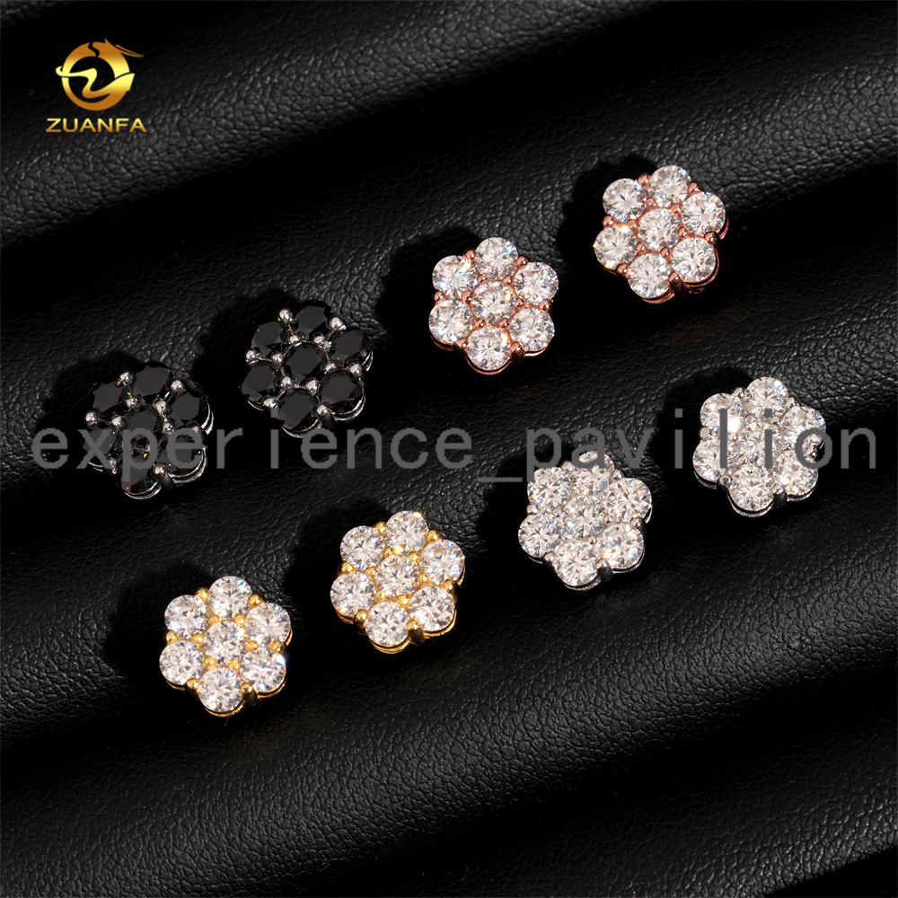 Hot Sale Flower Cluster Moissanite Earrings 925 Sterling Silver Hip Hop Earrings 9mm Screw Back Stud Earrings for Men and Women