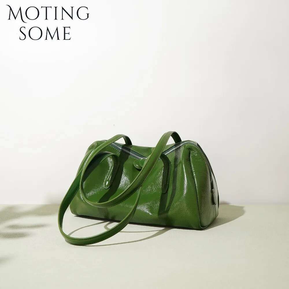 Motingsome Green Bags Retro Women Bag Oil Wax Cowhide Leather Handbag Vintage Boston Pillow Lady Daily Purses 2024