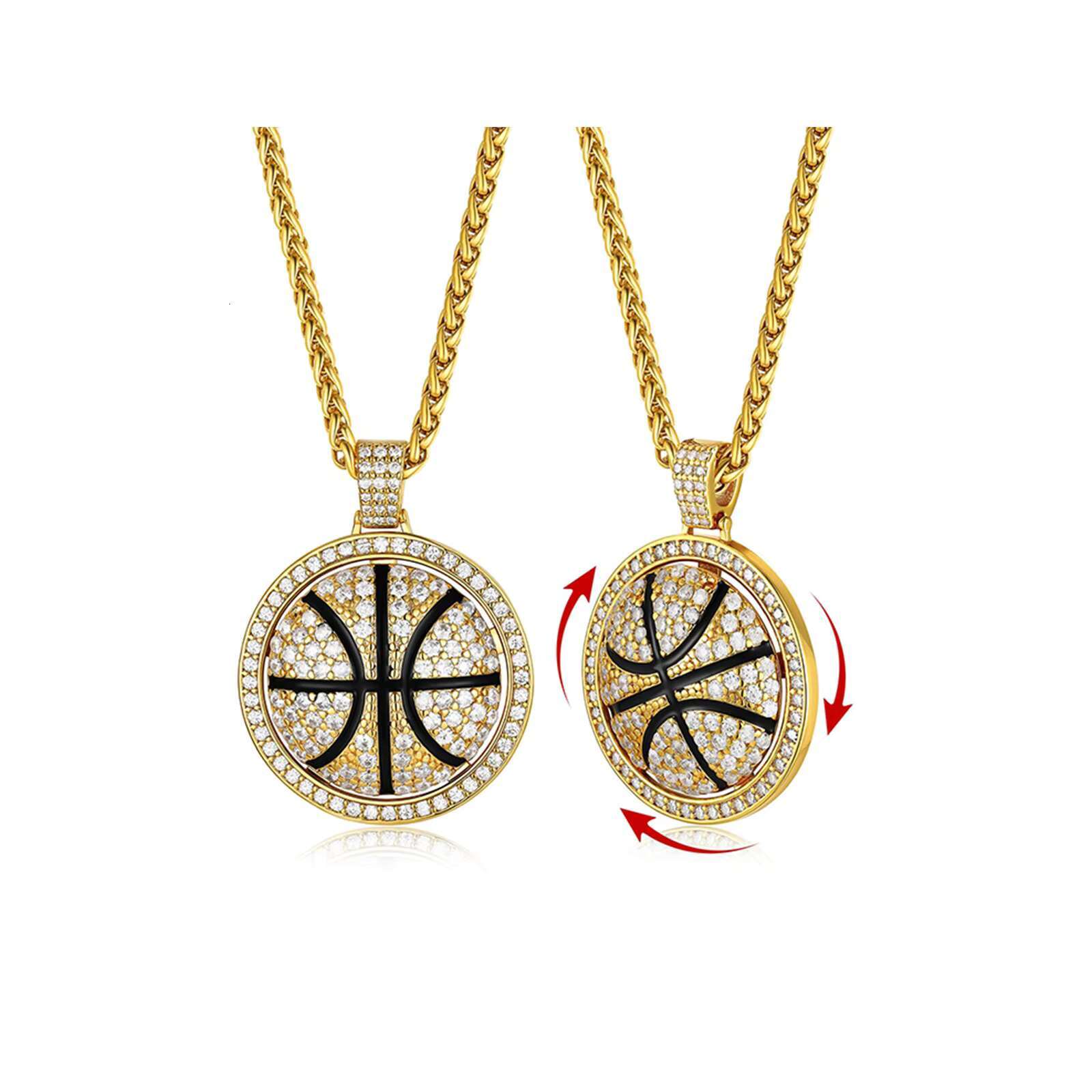 Trendy Men's Hip-Hop Necklace with Rotating Basketball Pendant Stainless Steel and Zinc Alloy Popular Box Chain Jewelry
