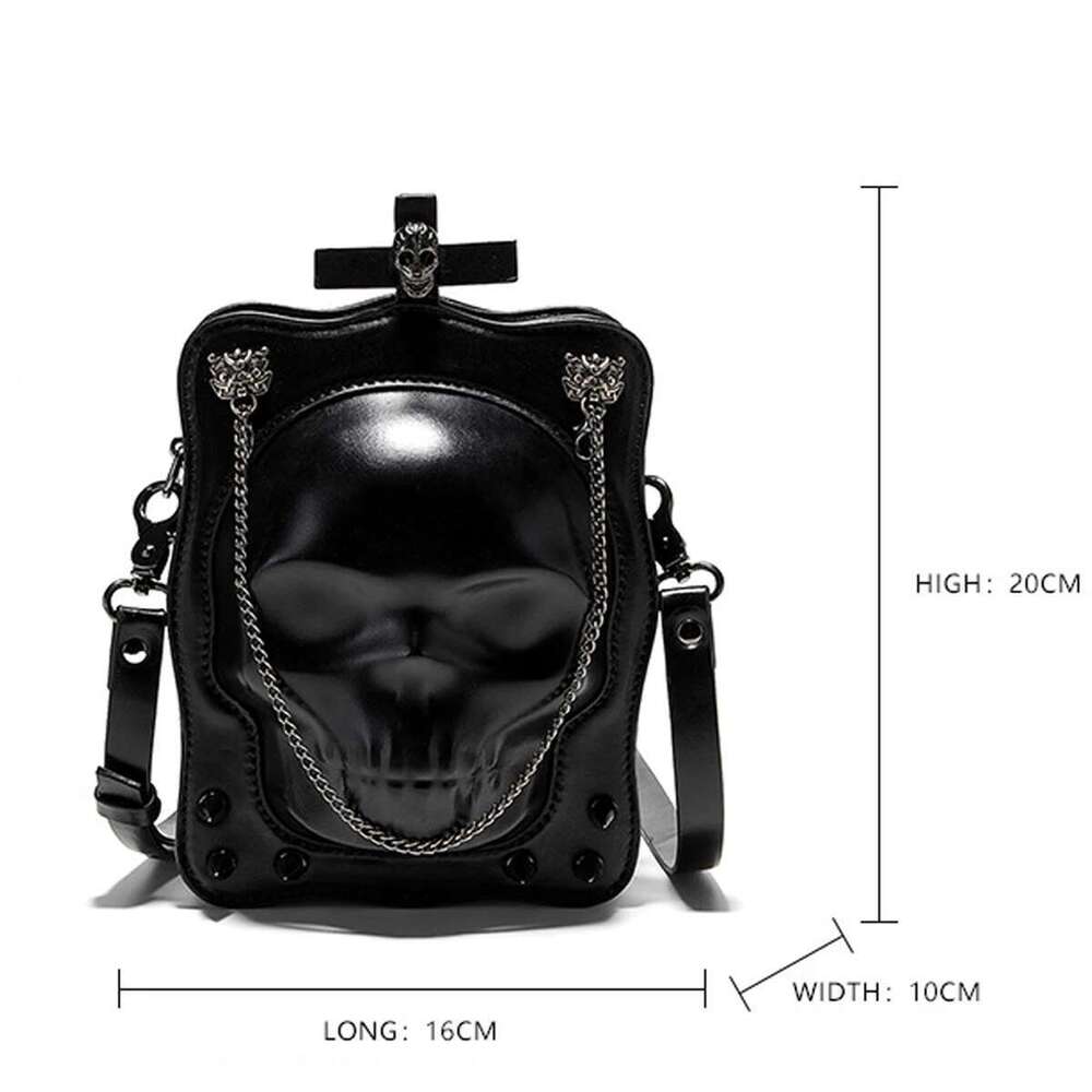Halloween Theme Punk Rivet Skull Shape Shoulder Bag, PU Leather Skeleton Flap With Zipper Closure Dark Gothic Crossbody Bag