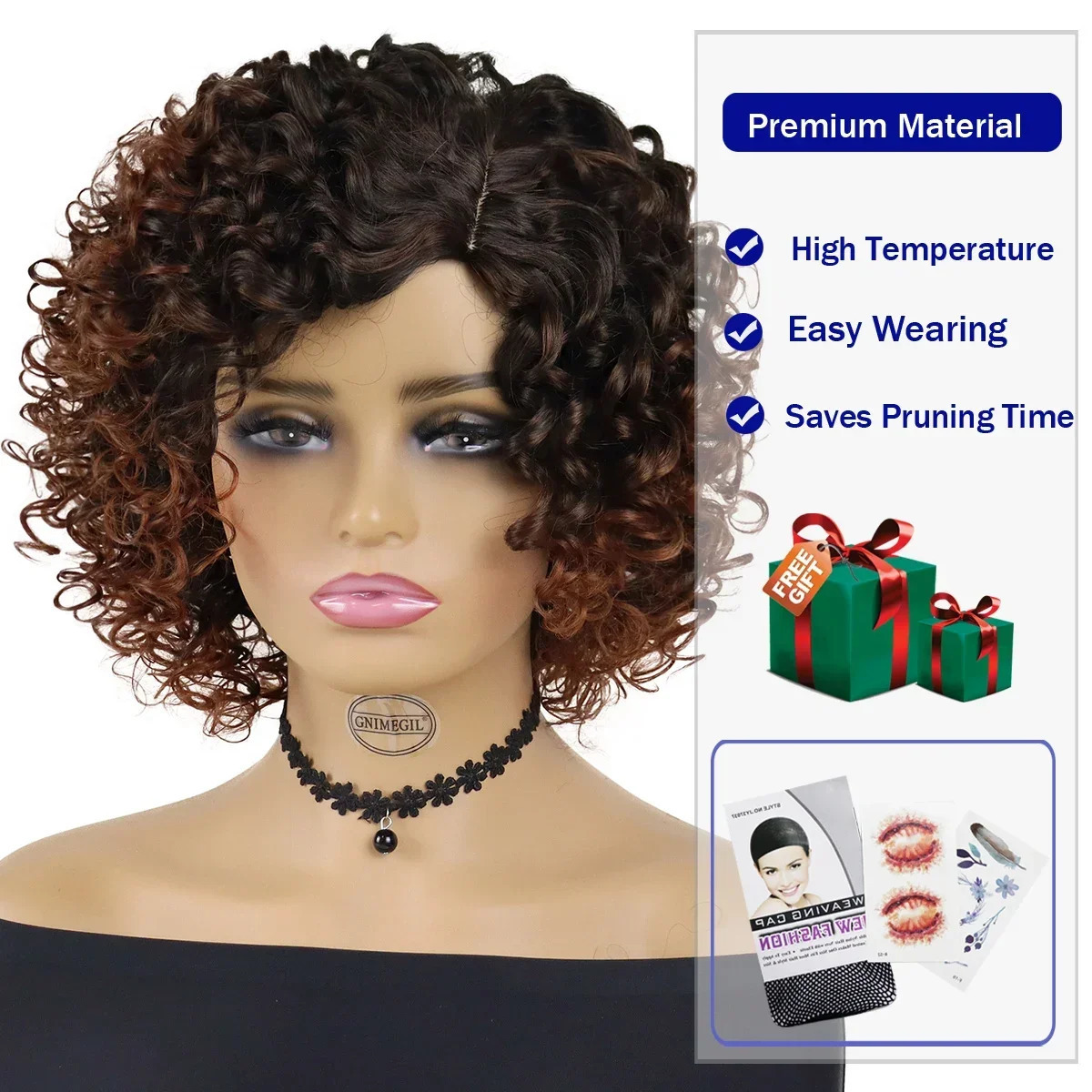 GNIMEGIL Synthetic Curly Wigs for Women Short Brown Ombre Wig with Side Bangs Natural Haircuts for Daily Use Replacement Wigs 250512