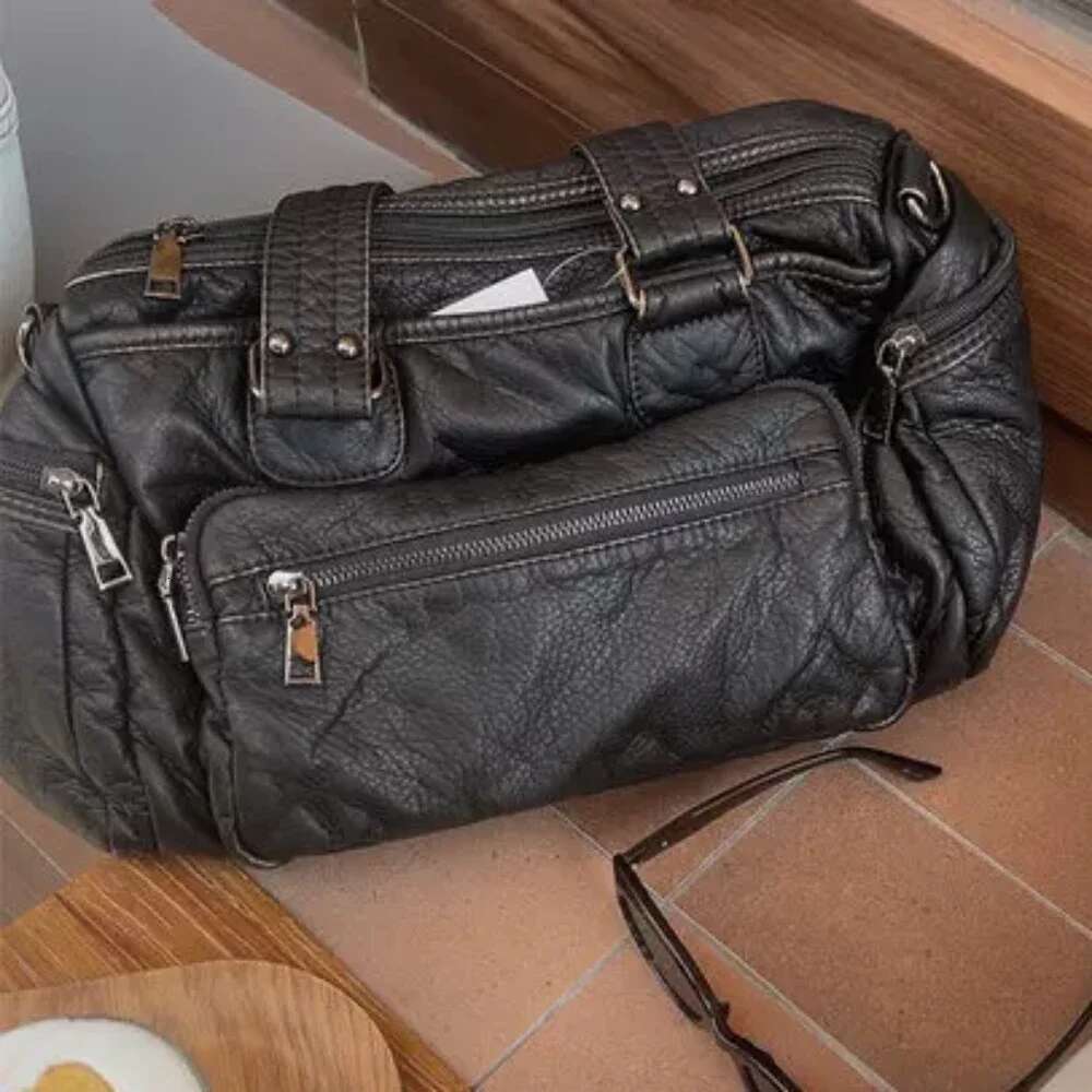 Y2k Hot Girl Single Shoulder Crossbody Vintage Washed Leather Motorcycle Large Capacity Multi Pocket Bag