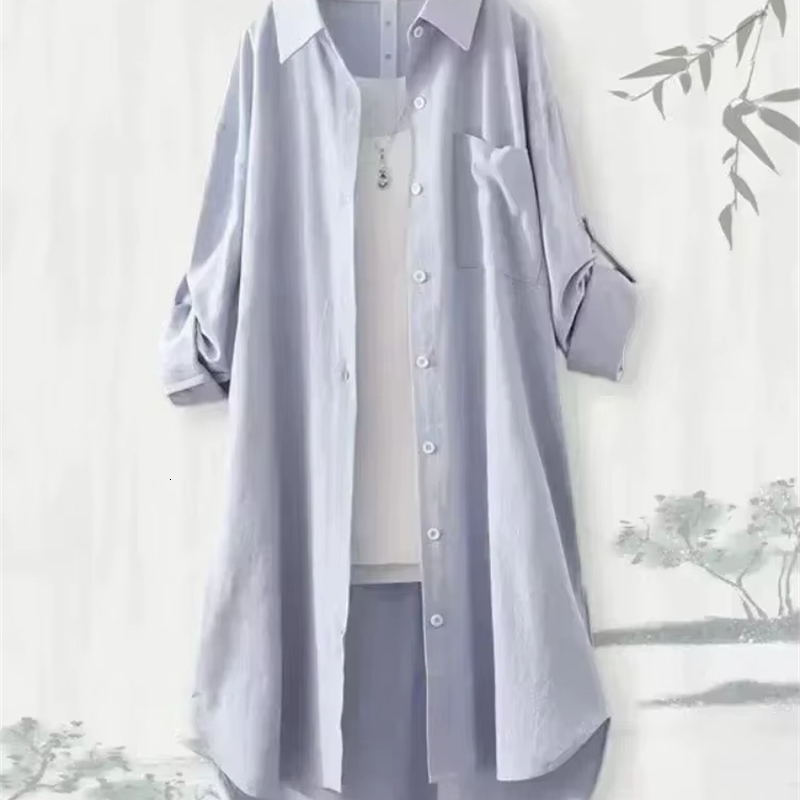 Large size loose and breathable Midi shirt Korean casual autumn womens simple solid long sleeved w250506