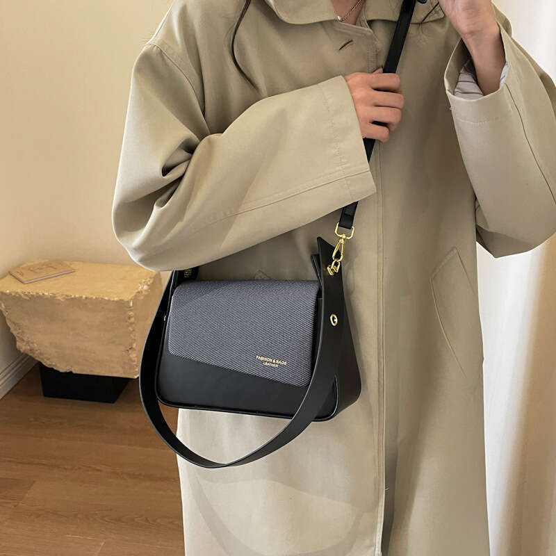 Women's new texture wide strap small square contrasting color fashionable handbag simple single shoulder crossbody bag