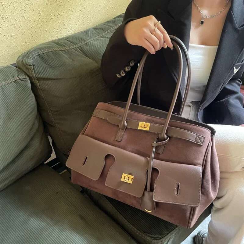 Genuine Leather Women's Cool Motorcycle Platinum Square Buckle Simple And Versatile Large Capacity Travel Underarm Tote Bag