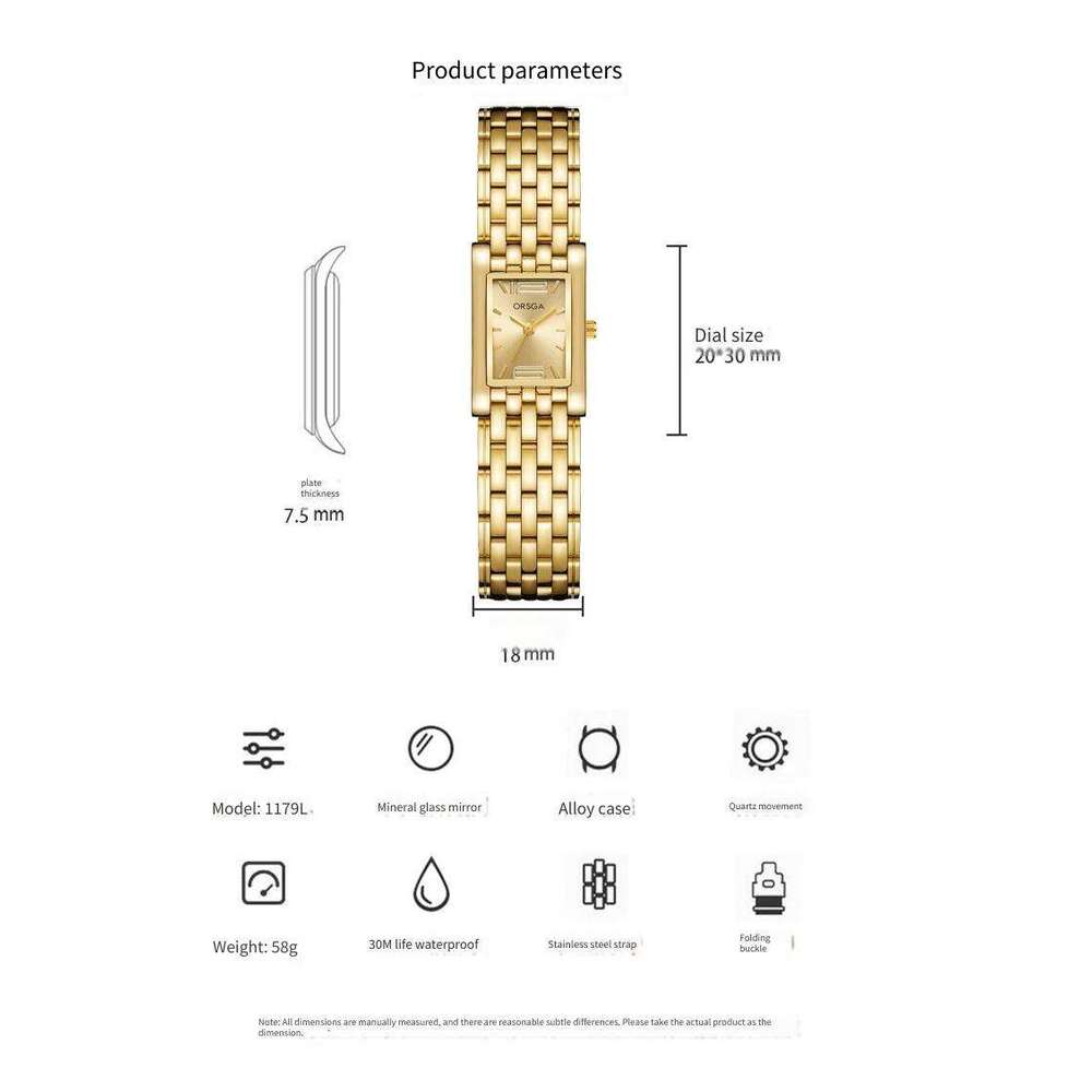 DHCollections Rectangular Quartz Watch 18mm Stainless Steel Band Waterproof Vintage Alloy Fashion Wristwatch for women