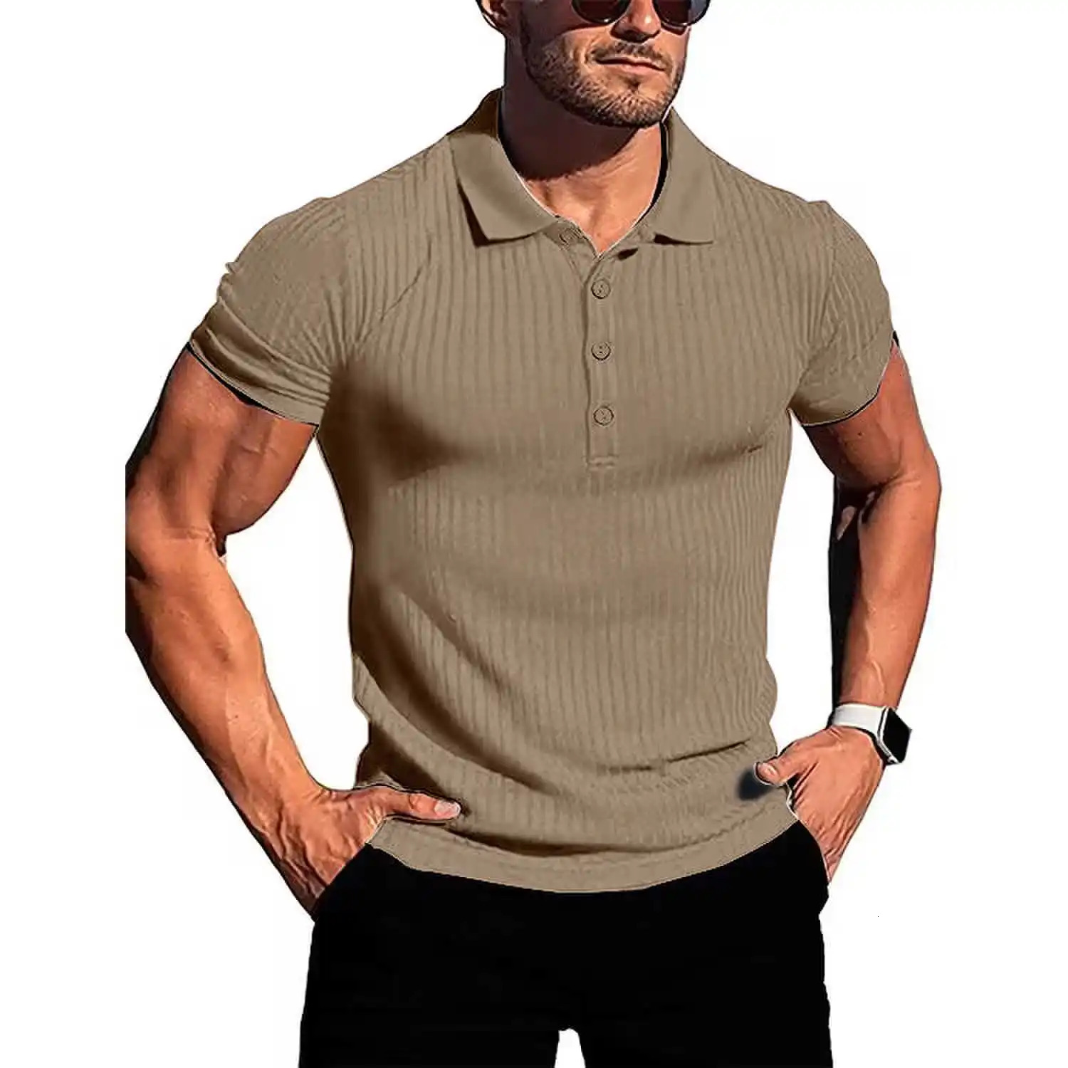 Mens running sports fitness wear summer high stretch vertical short-sleeved POLO shirt slim knit base shirt 250515