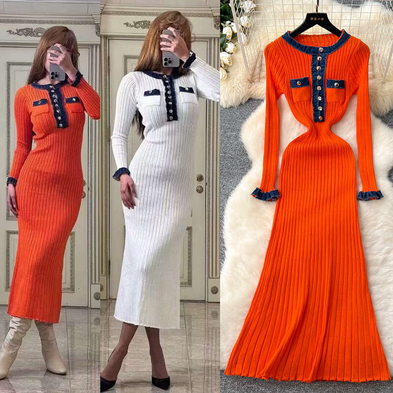 White Dress Maxi Dress Wind Contrasting Color Round Neck Metal Buckle Slim Knit Dress For Women, Elastic Tight Fitting, Hip Hugging, Woolen Dress, Lon