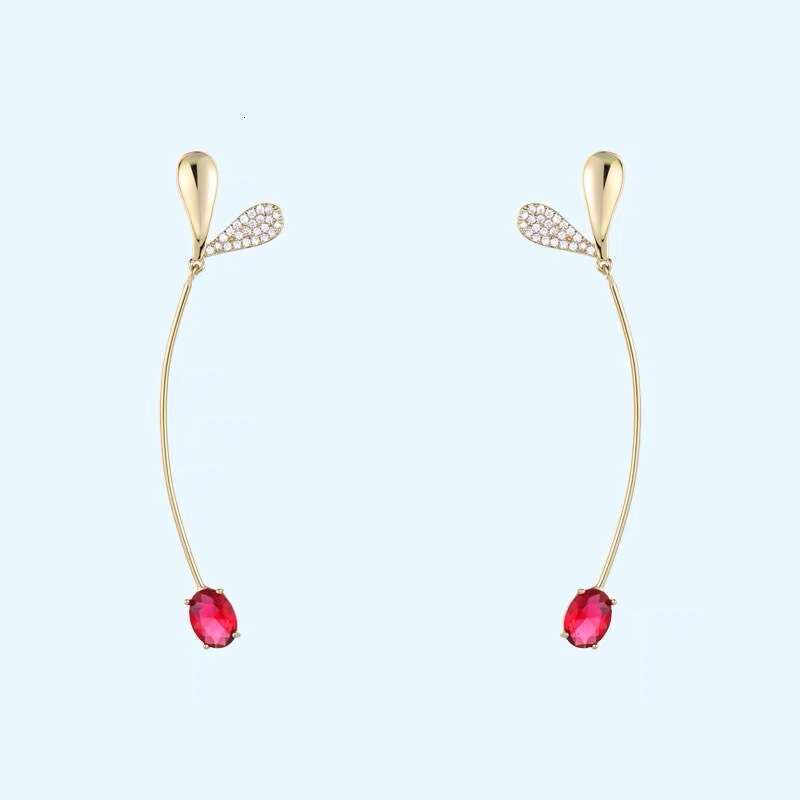 Spring's Little Grass Sprout Design by Master Pigeon Blood, Same Style Red Zircon Love Long Earrings, Versatile and Elegant