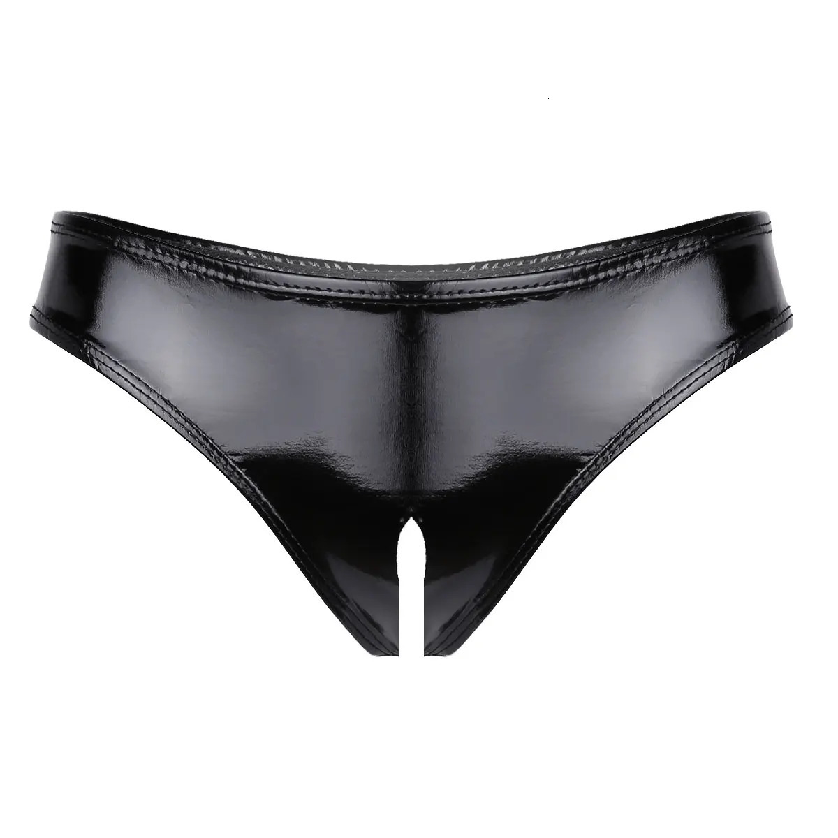 Sexy Wet Look Crotchless T-back Thongs Women PU Leather Cutout Panties Briefs Sexy Underwear Females Open Butt Low Waist Briefs 250515