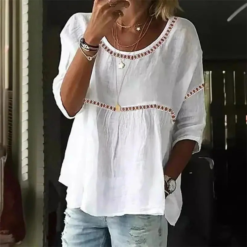 Summer Hollow Out Splice Shirt Women Spring Sevenquarter Sleeve Blouse Female Solid Color Casual Loose Pullover Tops 250515