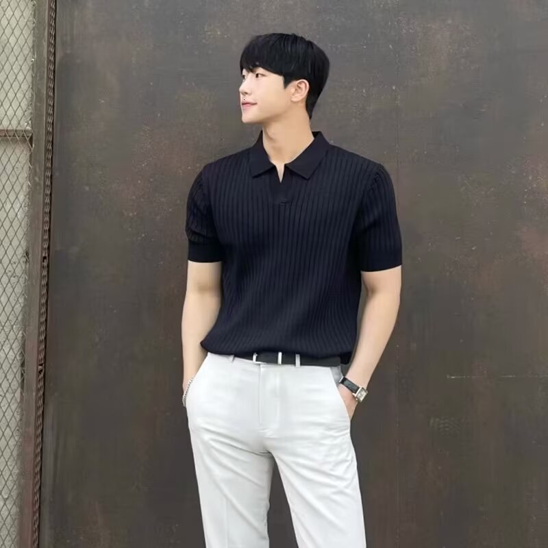 Lightweight Mature Polo Shirt Men's Korean Version Slim Fit Lapel Solid Color Casual Fashion Knitted T-shirt Designer Clothing