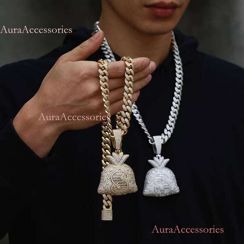 Golden Shining Currency Dollar Bag Necklace Men's Ice Pendant