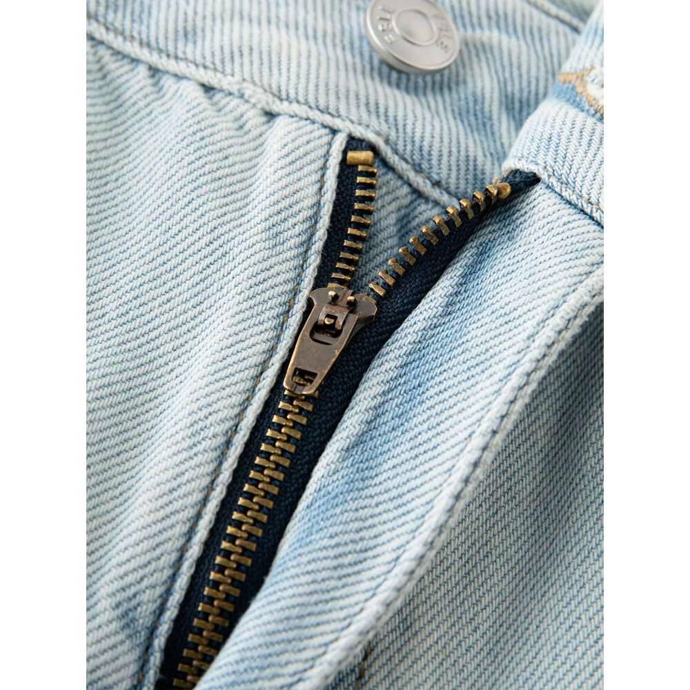 FSLE Washed Distressed High Waist Straight Jeans For Women 2025 Summer New Fit Versatile Casual Slim Chic Pants 25Fs12292 Designer