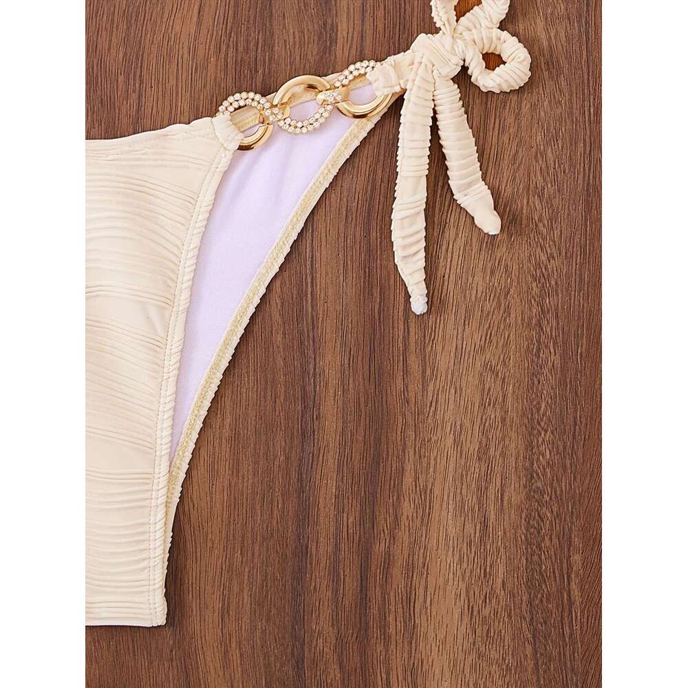 Sexy rhinestone ring halter bikinis sets two pieces solid thong tie swimsuit Swimwear bathing suit beach outfits biquini tankini