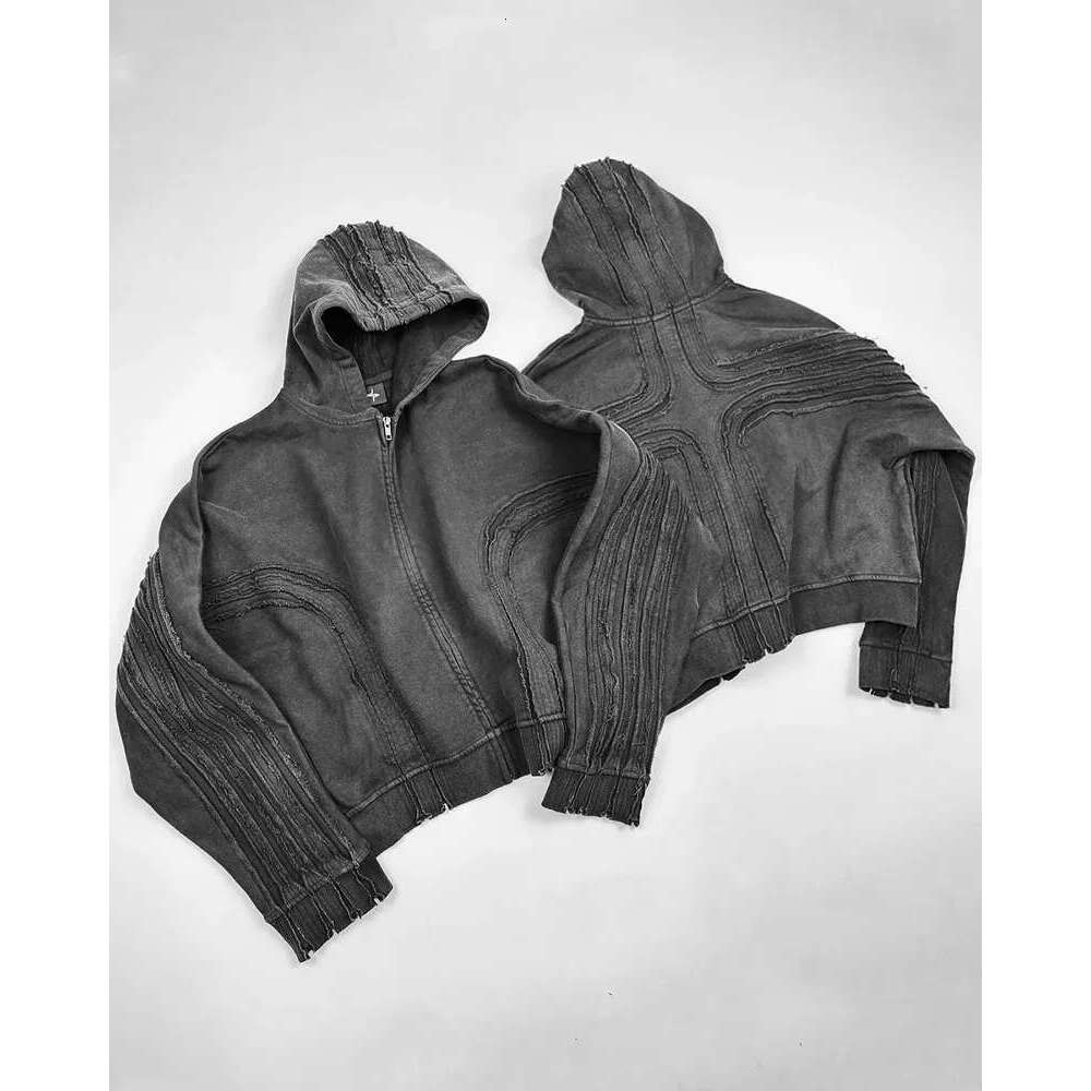 Y2k Trend Street Hip Hop Jumper Jacket Vintage Wash Patchwork Furred Fashion Men Zipper Hoodie Gothic Loose Casual Sweatshirt Designer