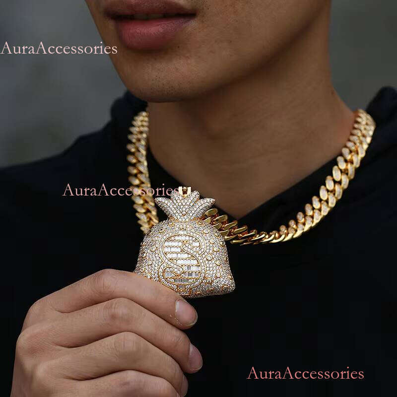 Golden Shining Currency Dollar Bag Necklace Men's Ice Pendant