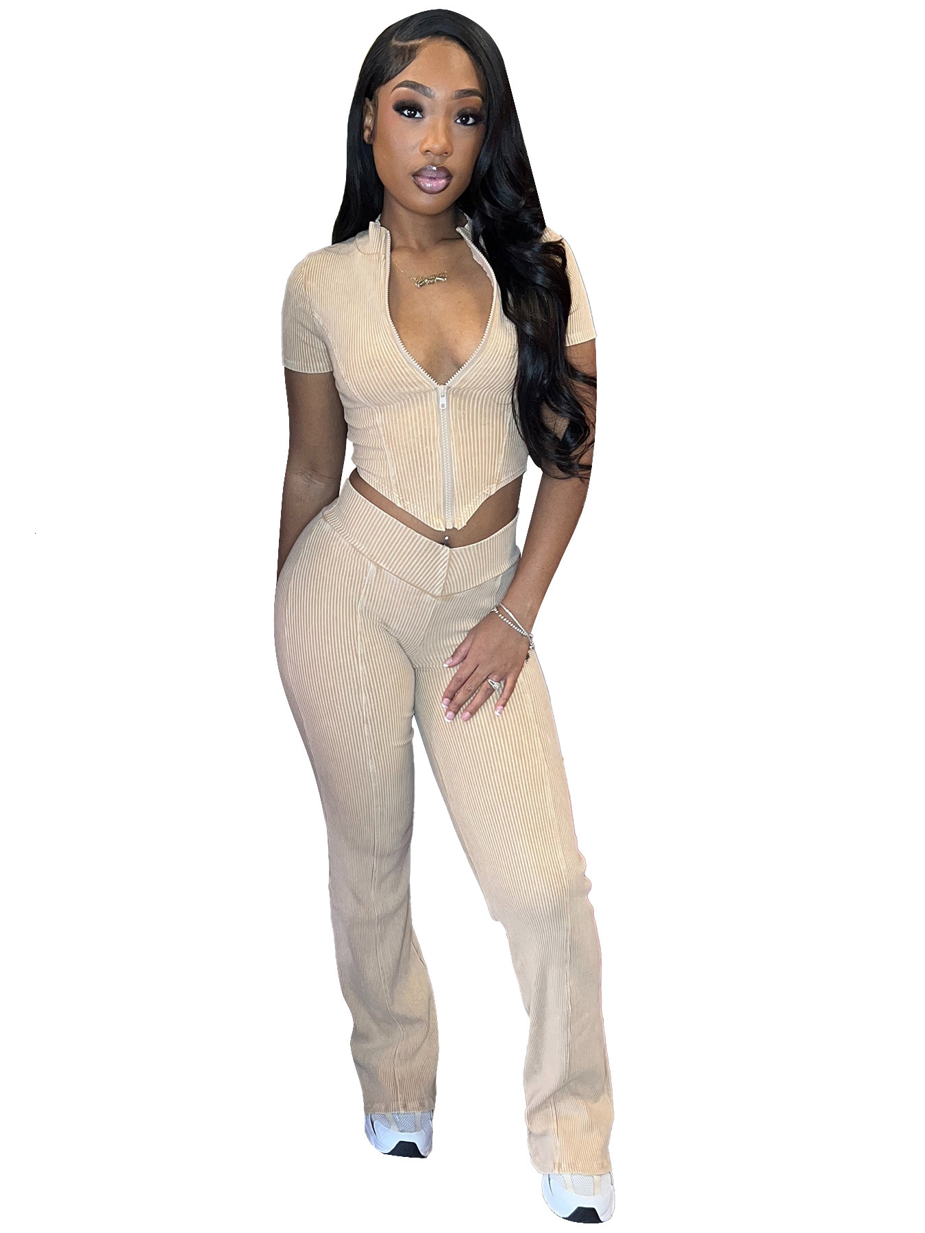 HR24035 Womens Cotton Thread Washed Old V-shaped Hem Short Sleeve Flare Pants Set