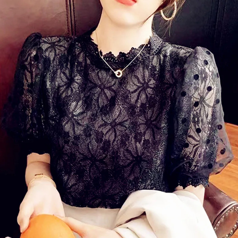 Women Summer Tops Crochet Lace Mesh Tees Sexy Vintage Short Sleeve Elegant T Shirts Loose Blouse Casual 250515