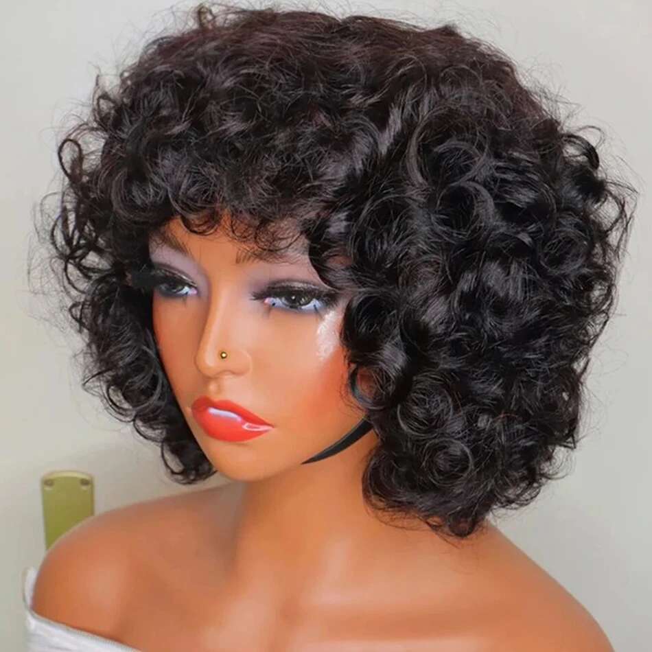 330% Density Brazilian Egg Curl Pixie Cut Human Hair With Bangs Water Wave Short Bob Wig For Women Preplucked Local Delivery