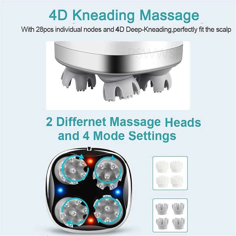 4D Smart Head Electric Brush Neck Shoulder Red Blue Light Hair Care IPX7 Waterproof Wireless Scalp Massager