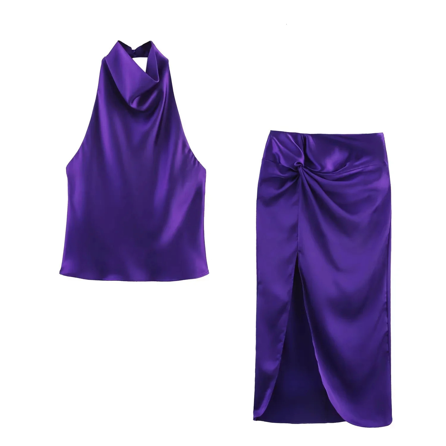 TRAFZA Spring Summer Casual Satin Women Solid Suits Fashion Backless Sleeveless Halter Short Tops Chic Zipper Long Skirts 250515