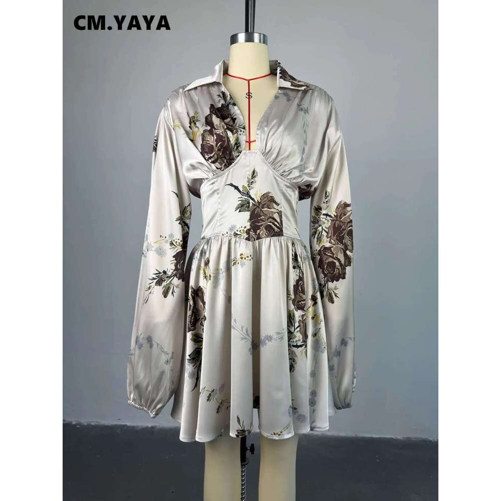 Women V-neck Long Sleeve Pleated Floral Print Mini Dress Backless Elegant Birthday Beach Night Party Vestidos Dresses